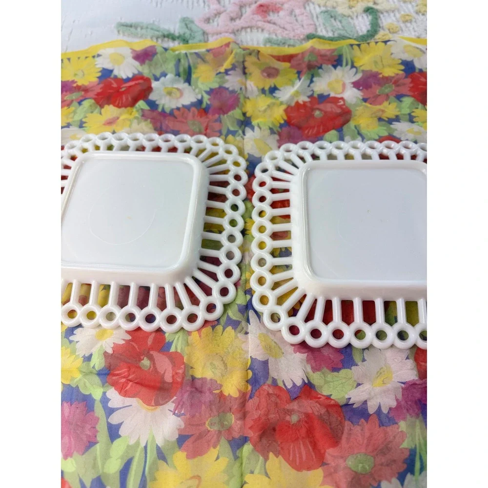 Vintage Westmoreland Milk Glass Open Lace Edge Square Plates Set of 2 White 7in